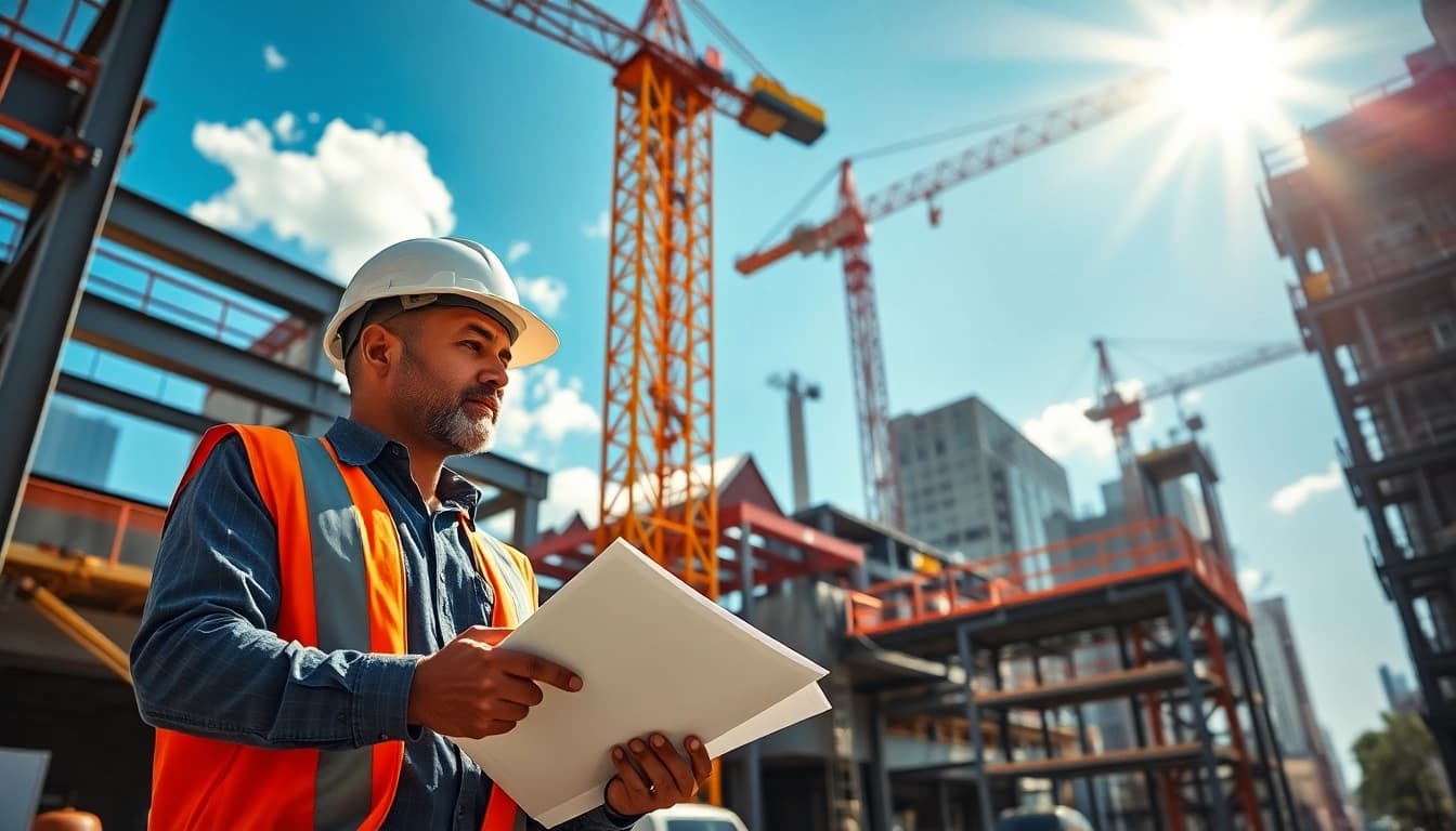 New York City Commercial General Contractor overseeing a vibrant construction site with scaffolding and machinery.
