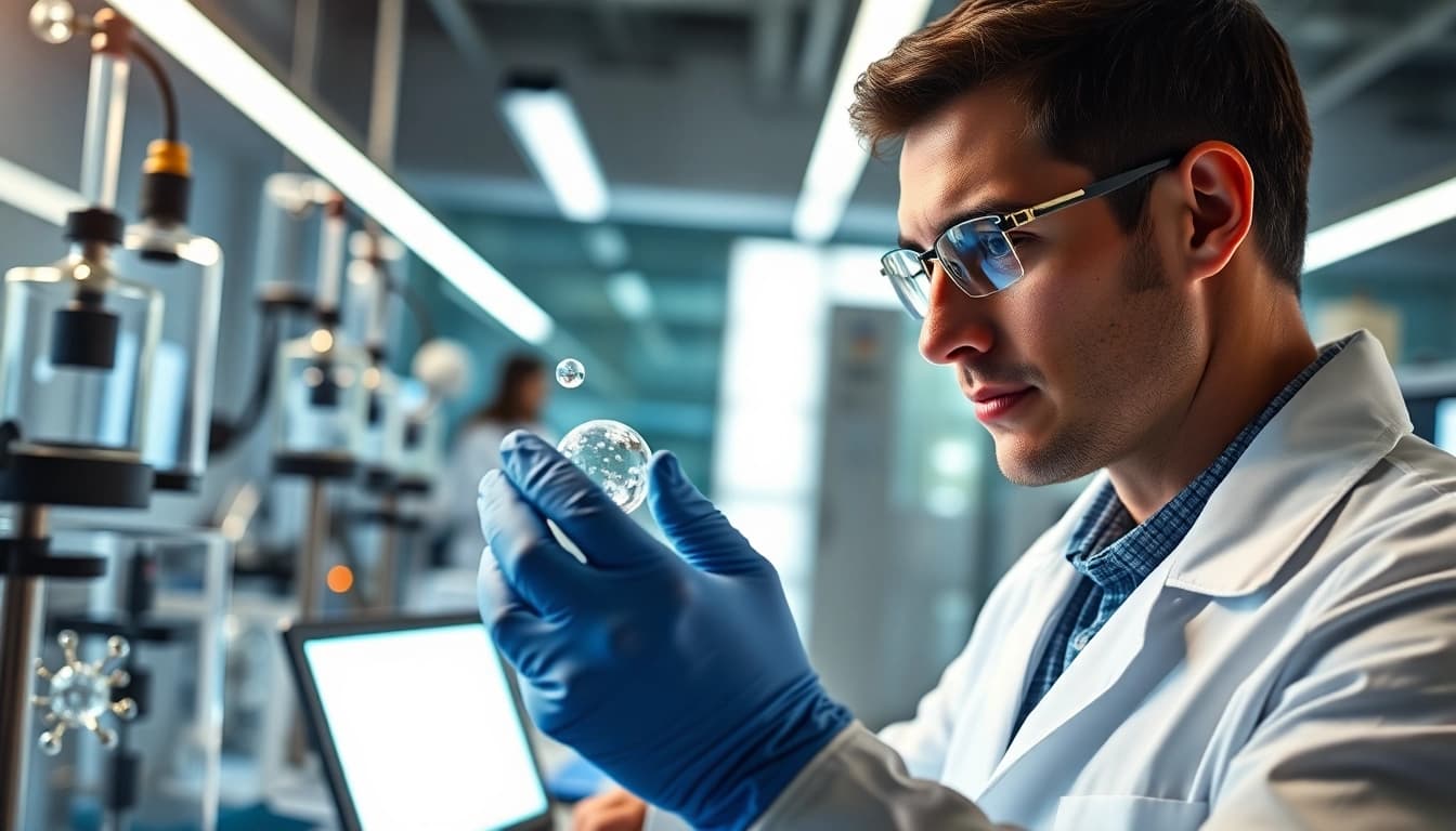 Researcher examining molecular structures of Retatrutide in a modern laboratory.