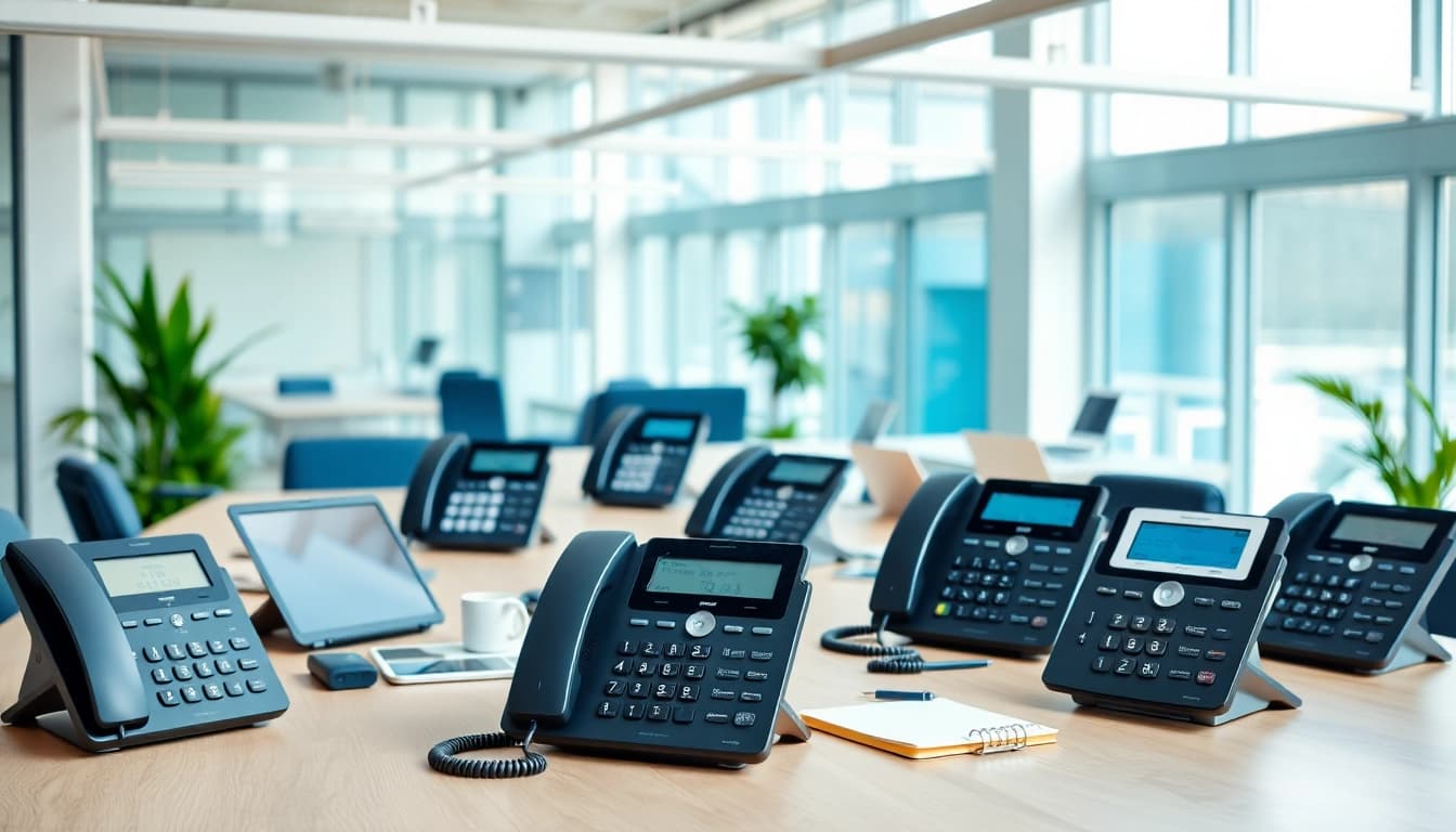 Explore various business phone providers with modern devices in a professional office setting.