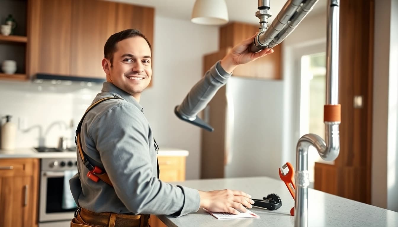 Experienced plumber near me fixing pipes with professional tools in a bright kitchen setting.