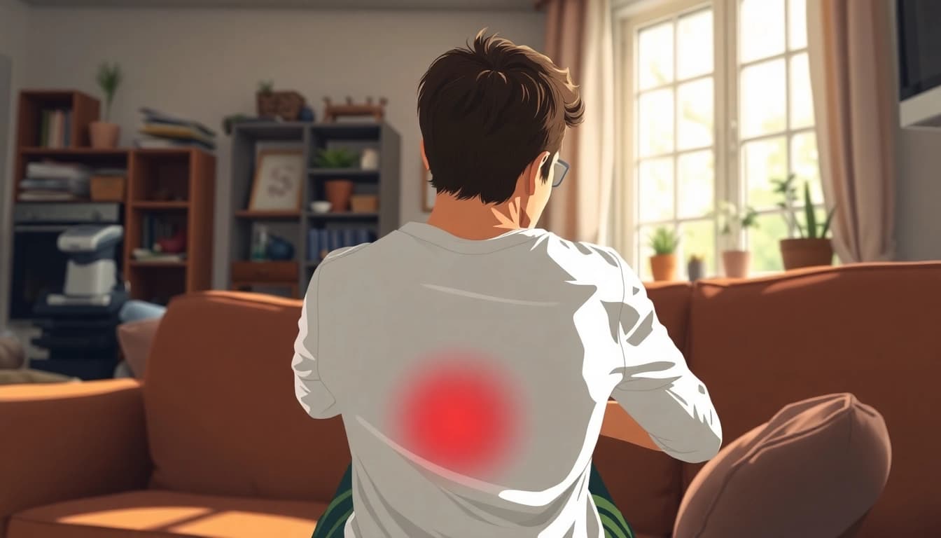 Illustration of lower back pain causes, depicting a person struggling with discomfort in a home setting.