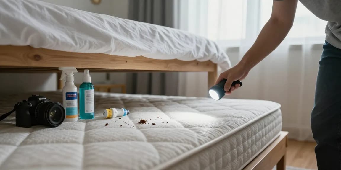 Person examining mattress for bed bug treatment signs in a bedroom.