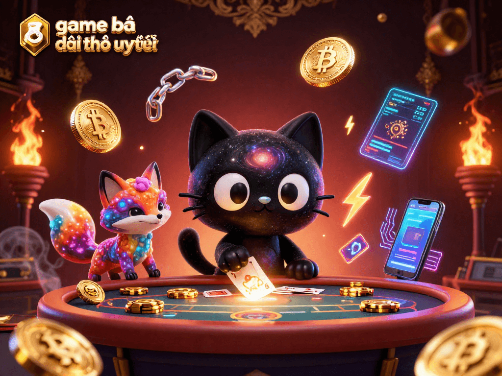 Engage with game bài đổi thưởng uy tín in this vibrant cosmic casino scene featuring unique characters and crypto elements.