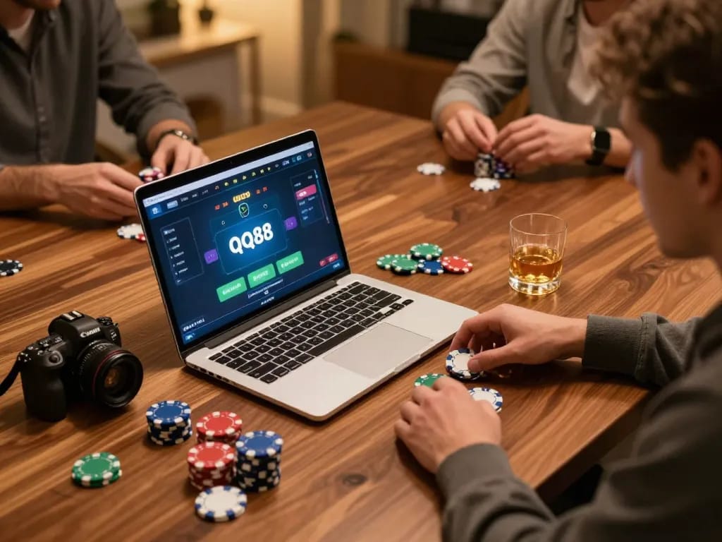 Participants enjoying a thrilling game on qq88's poker platform at home, with vibrant chips reflecting strategic gameplay.