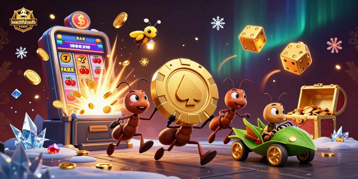 Beautifulsouth showcases a 3D casino heist with ants, poker chip, and vibrant slot elements.