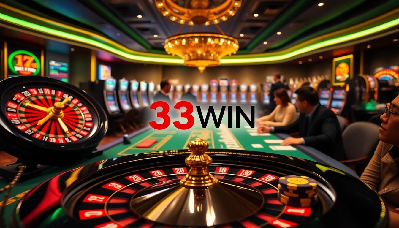 Engaging casino environment showcasing 33WIN with roulette, poker, and vibrant slot machines.