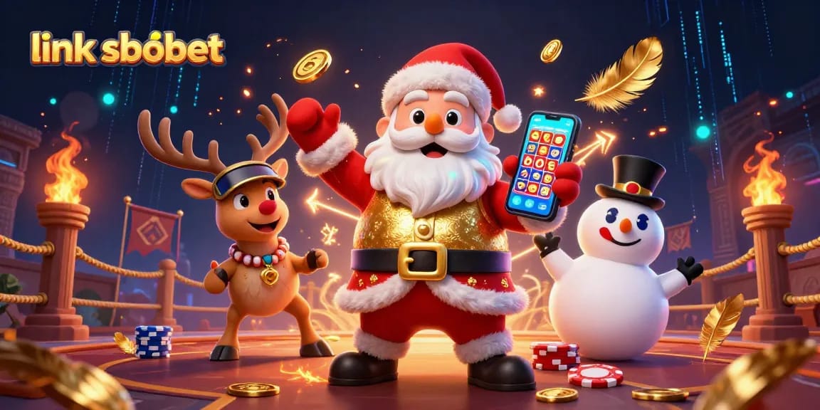 Experience exciting wins with link sbobet in a vibrant casino scene featuring a festive Santa Claus character.