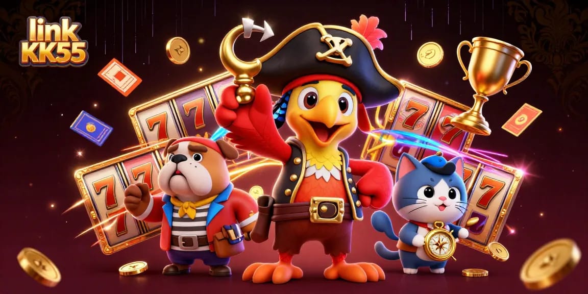 Engage with slot games featuring link KK55, presenting a lively scene with animated casino characters.