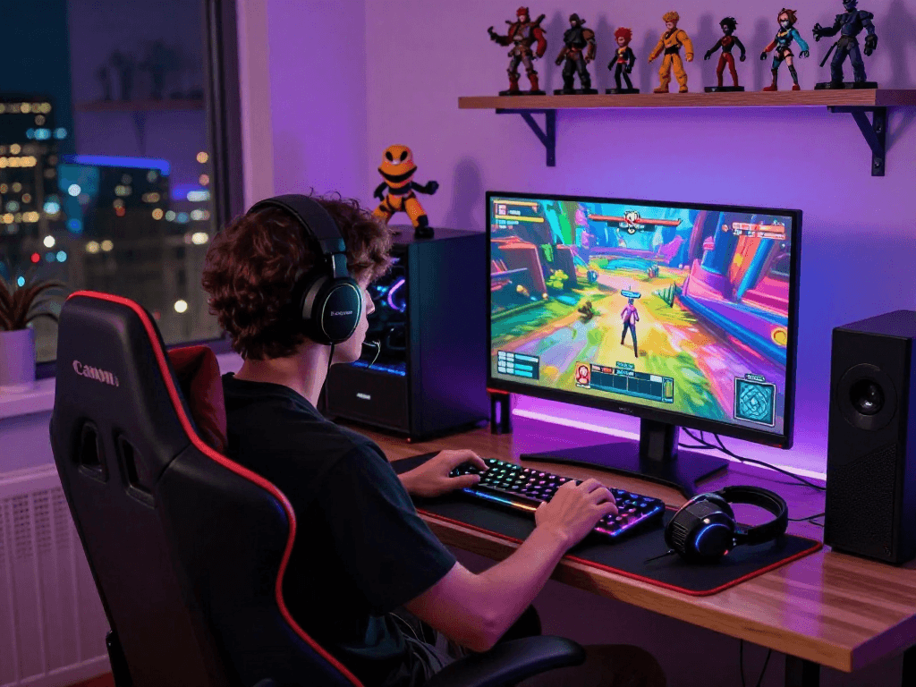 Exciting gaming setup showcasing ai porn games on a high-resolution monitor with vibrant graphics and gaming accessories.