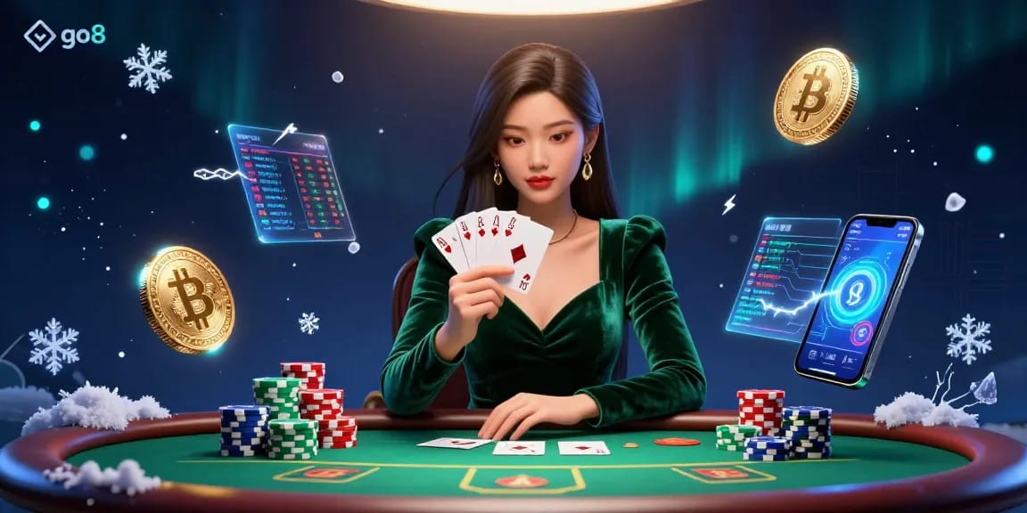 Engage in strategic gameplay at go8's luxury casino with a stunning Asian beauty at the poker table.