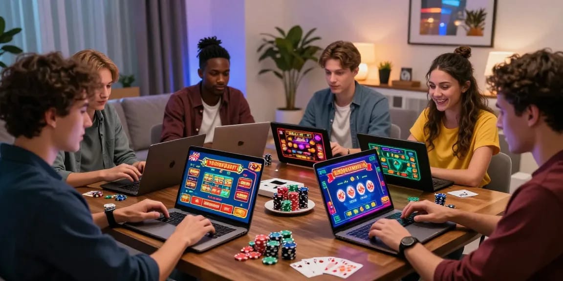 Friends enjoying non UK casinos gaming experience from https://dsam.org.uk in a modern living room.