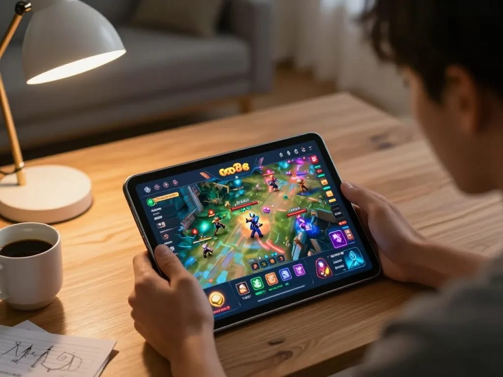 Player enjoying an immersive gaming experience at cổng game Go88 on tablet at home.