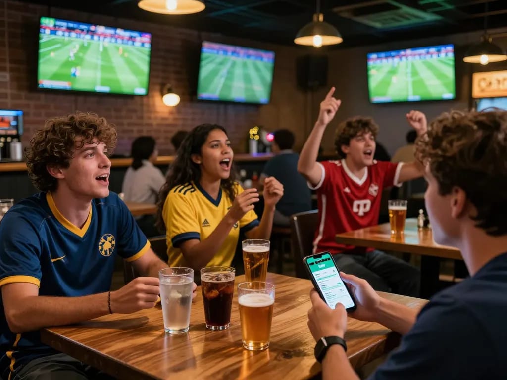 Socolive app user placing football bets at an energetic sports bar while watching live matches.
