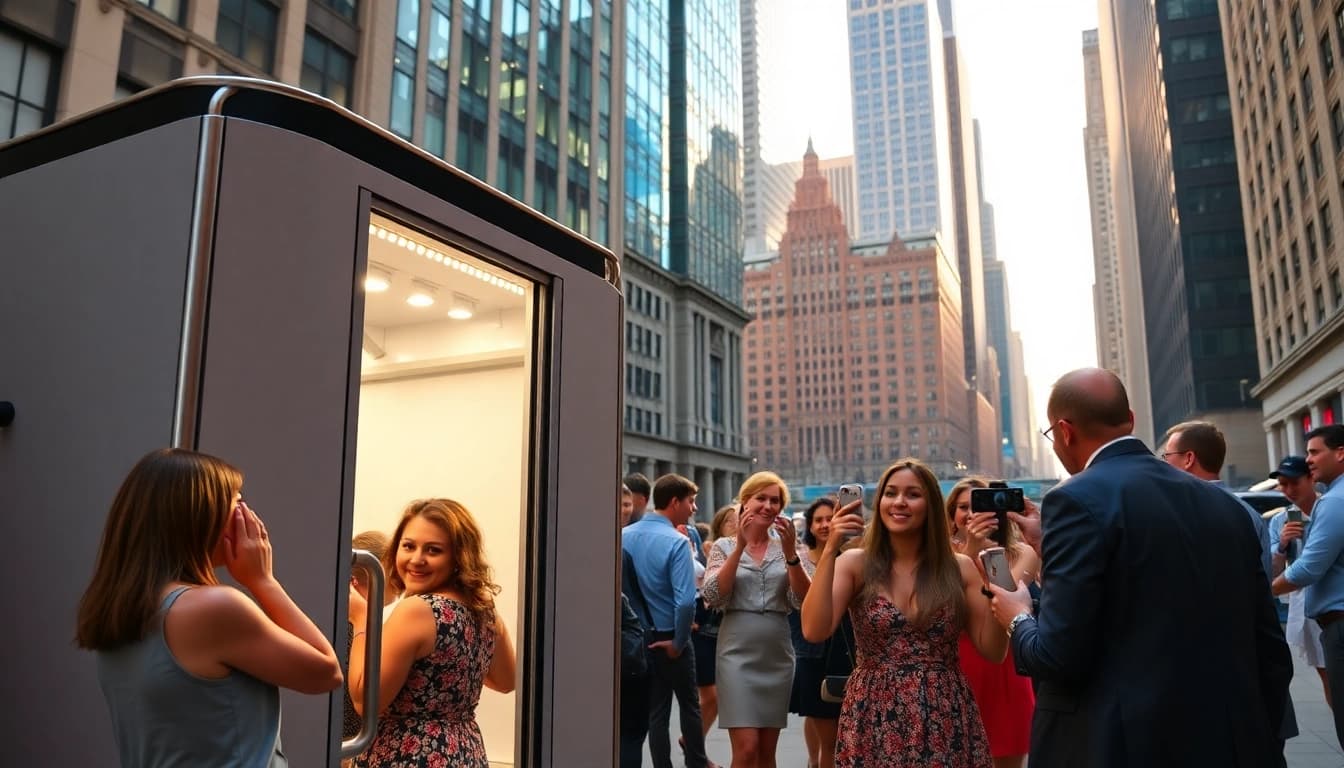 Capture joyful moments at a photo booth rental chicago with a vibrant cityscape backdrop.