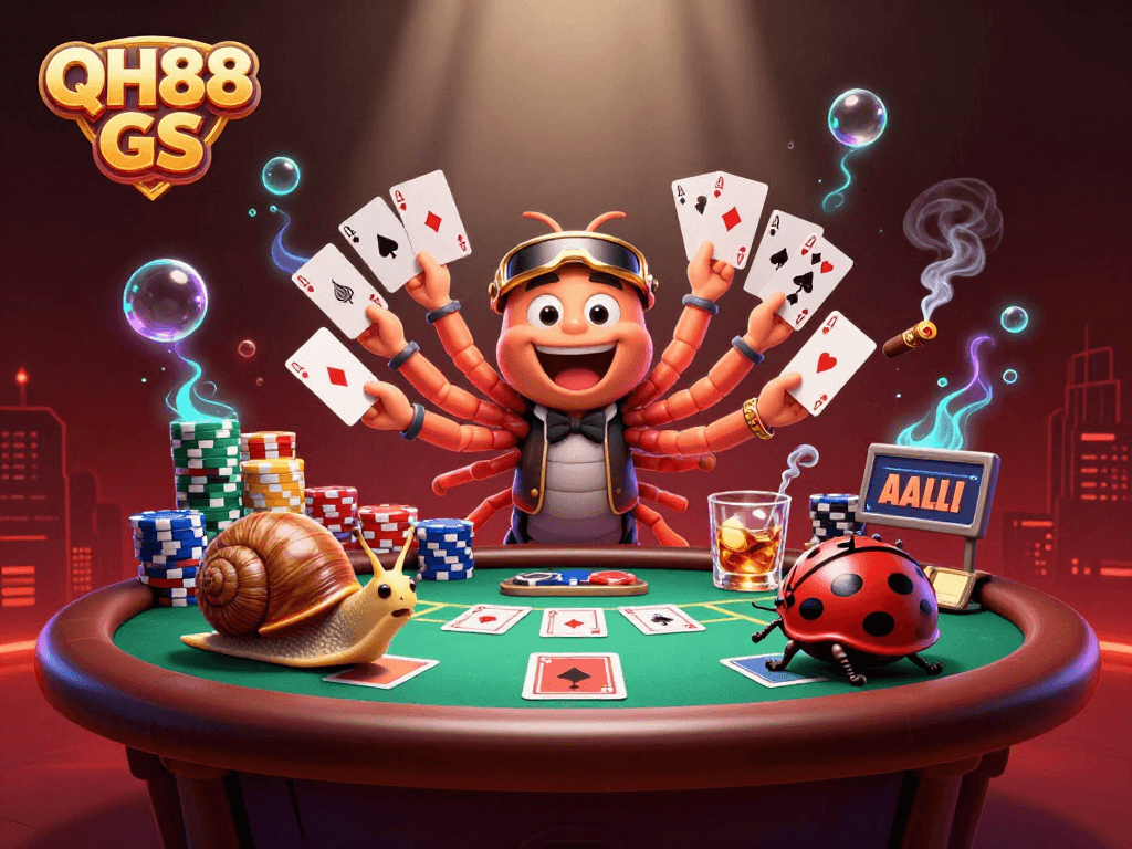 Engaging 3D scene showcasing QH88 GS with a cartoon millipede dealer and vibrant poker elements.