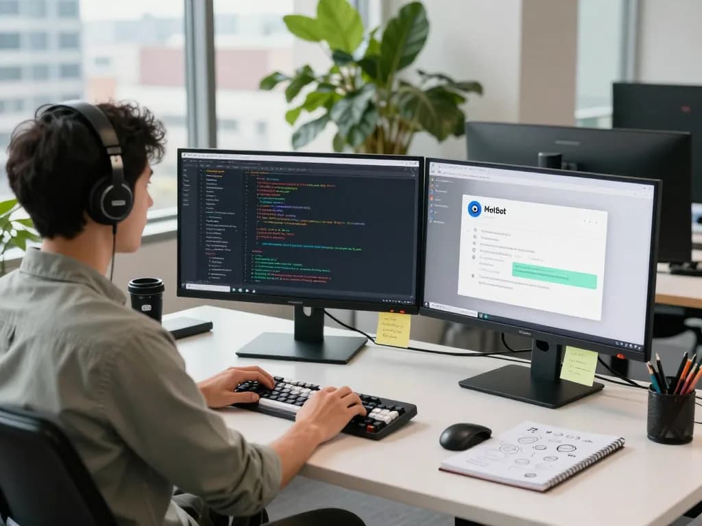 MoltBot assists in a dynamic software development workspace, showcasing code and productivity.