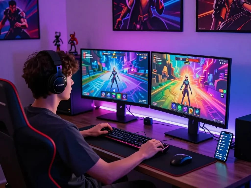 Engaged gamer playing a vibrant sex game on dual monitors in a cozy, colorful setup.