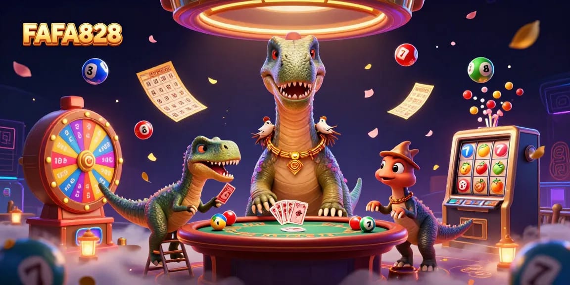 Experience FAFA828's vibrant casino world with a playful brontosaurus and clever raptor.
