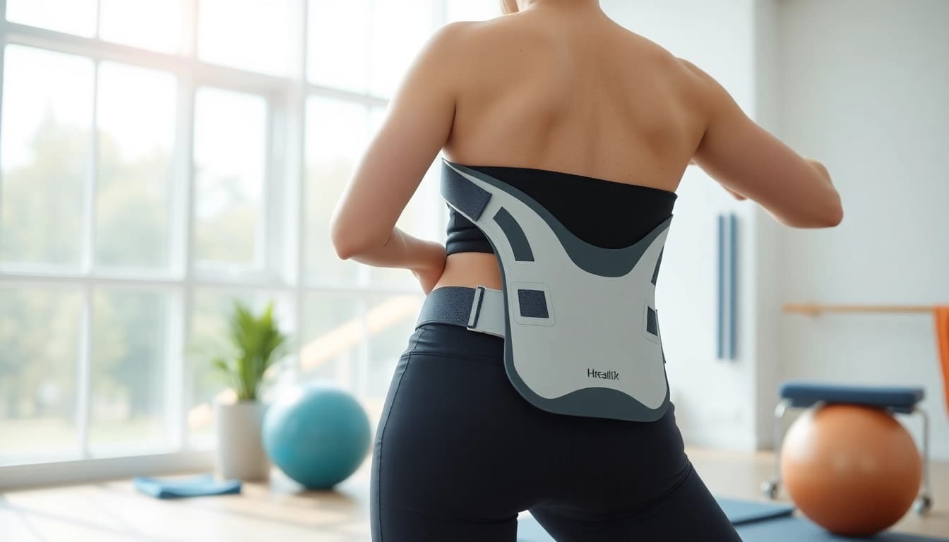 A person using a hip brace for hypermobility during physical therapy in a bright, supportive environment.