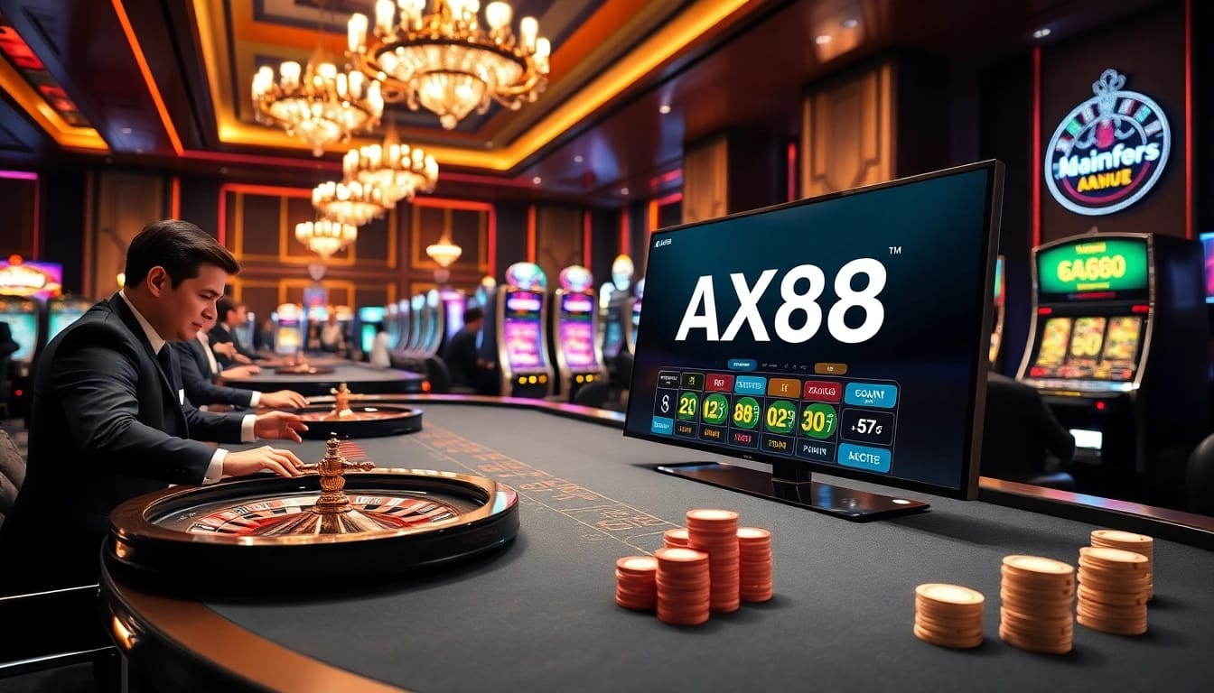 Experience the excitement of AX88 game with luxurious casino visuals showcasing games and vibrant atmosphere.