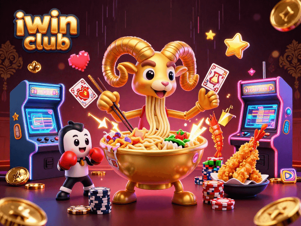 Engage with iwin club's vibrant 3D casino scene featuring cartoon characters, arcade games, and jackpot allure.