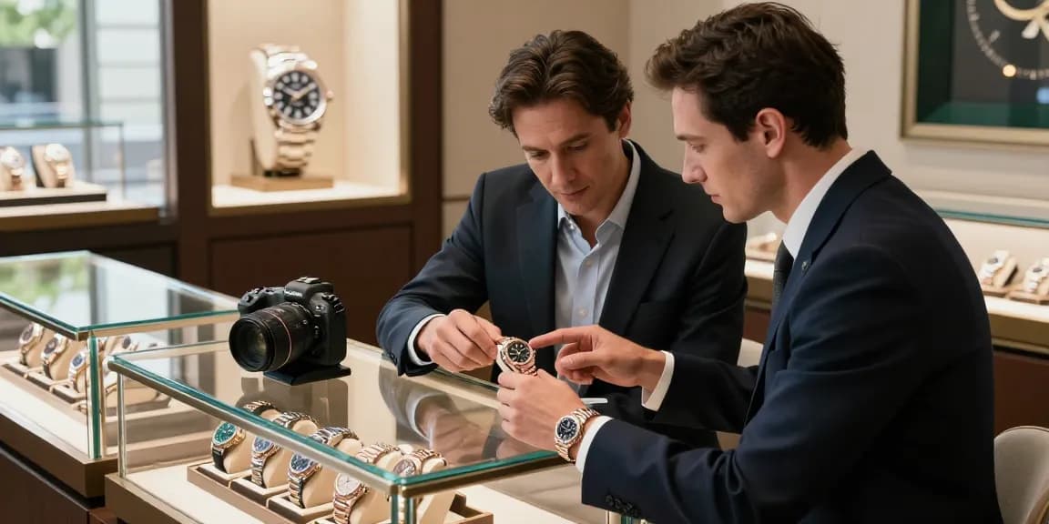 A knowledgeable salesperson assists a customer in selecting a high-quality rolex replica watch in a sophisticated jewelry store.