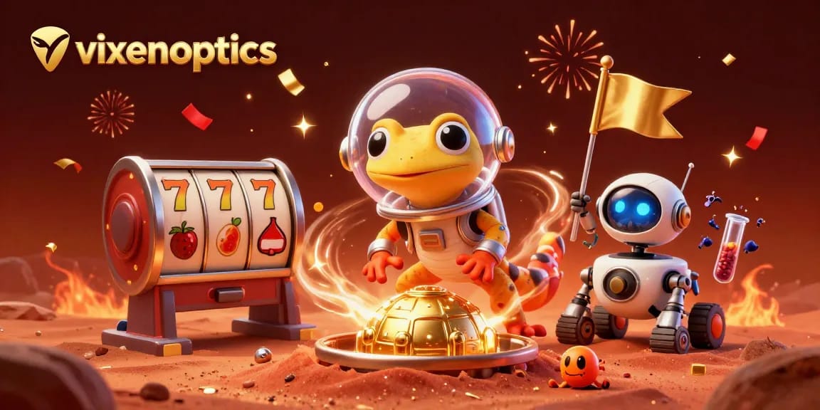 Experience vibrant casino excitement with vixenoptics featuring a Martian gecko amidst a golden slot-filled landscape.