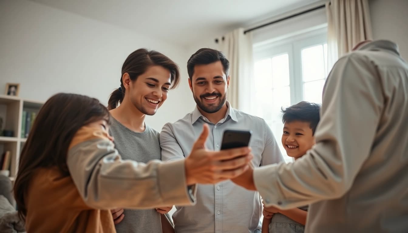 Family Protection strategies illustrated by a security expert with a family in a secure home environment.