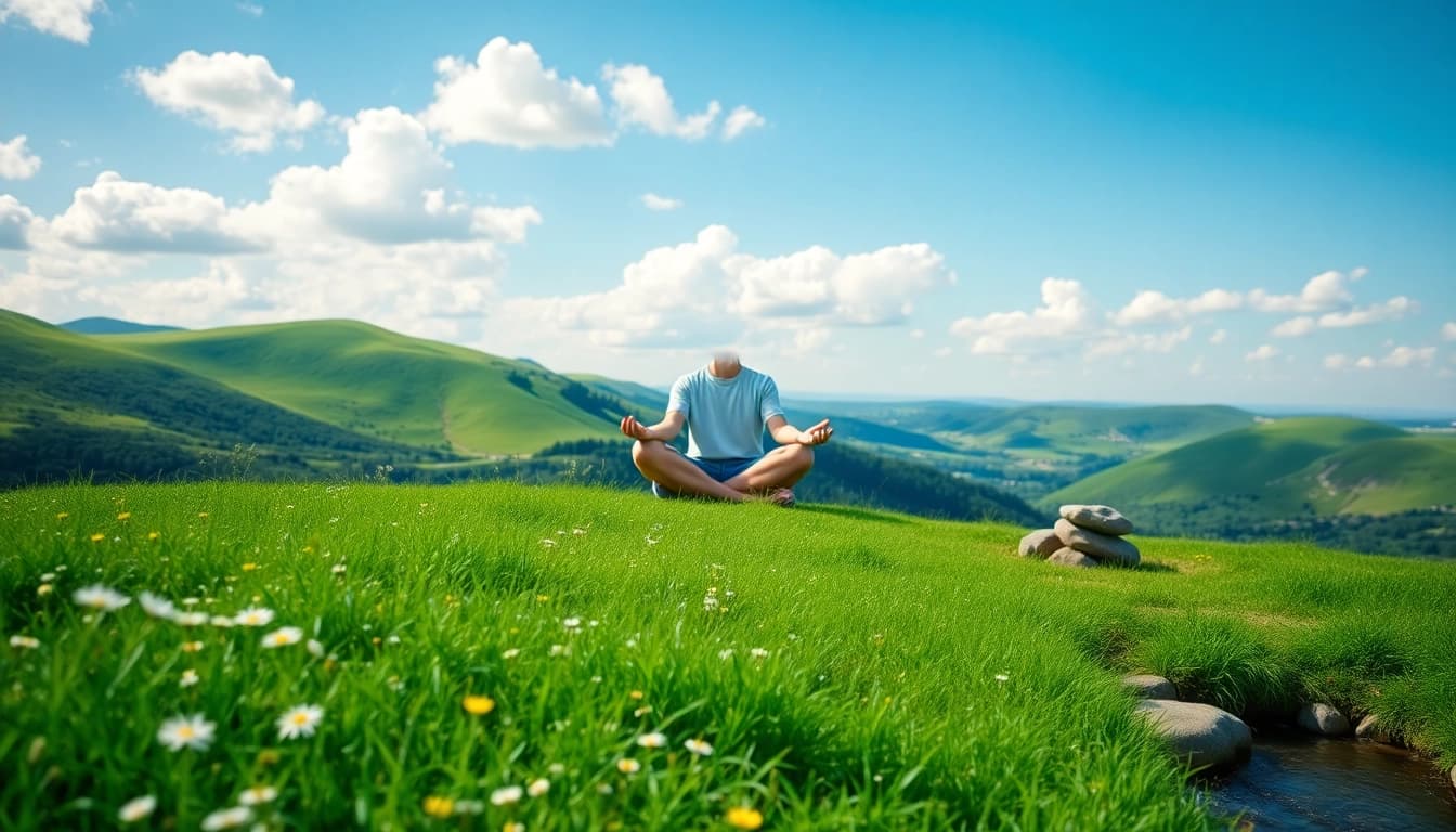 Conceptual image illustrating mental wellness with a person meditating atop a serene hill.