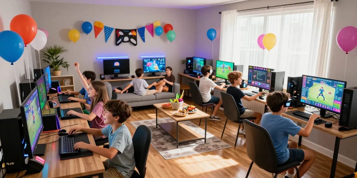 Exciting gaming party with kids celebrating their birthday while playing multiplayer games.