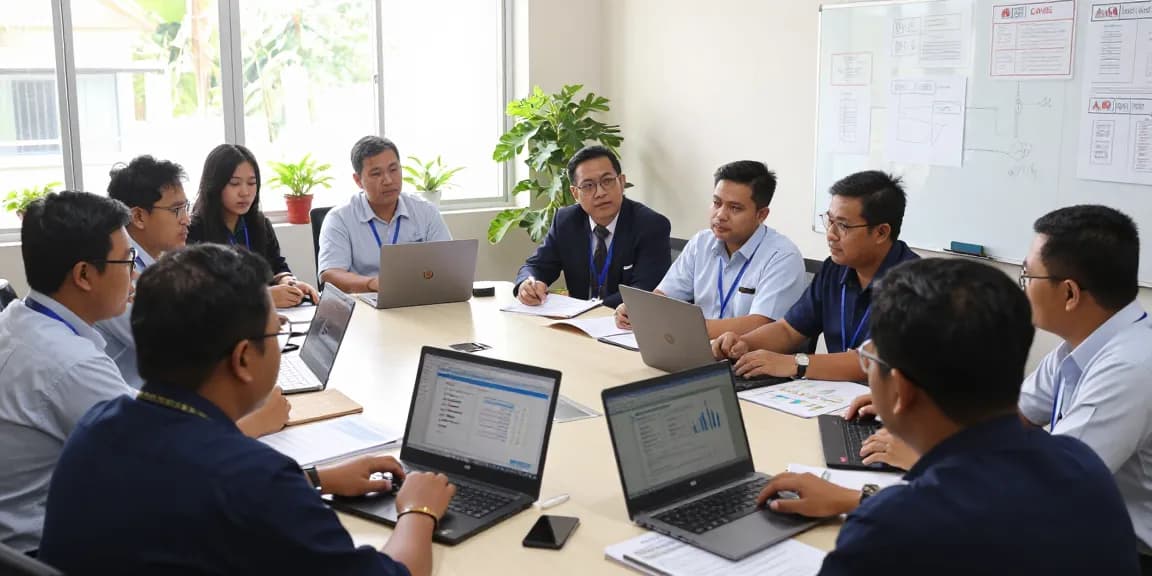Community meeting at aafikotabekasi.org headquarters with forensic auditors collaborating effectively.