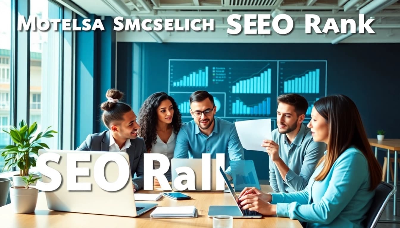 Analyze your SEO Rank with a diverse team collaborating in a modern office setting.