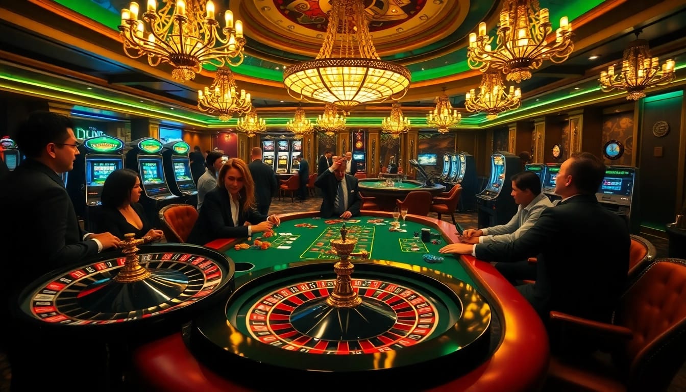 Experience high-stakes excitement at 58vin's opulent casino table filled with lively players.