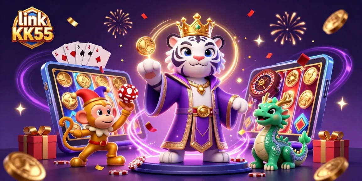 Experience winning thrills with link KK55 at this vibrant casino scene featuring magical characters.