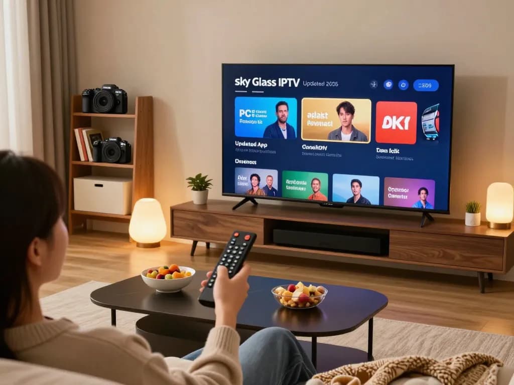 Enjoy seamless viewing with the Sky Glass IPTV Updated APP 2026 on your smart TV, featuring a cozy entertainment scene.