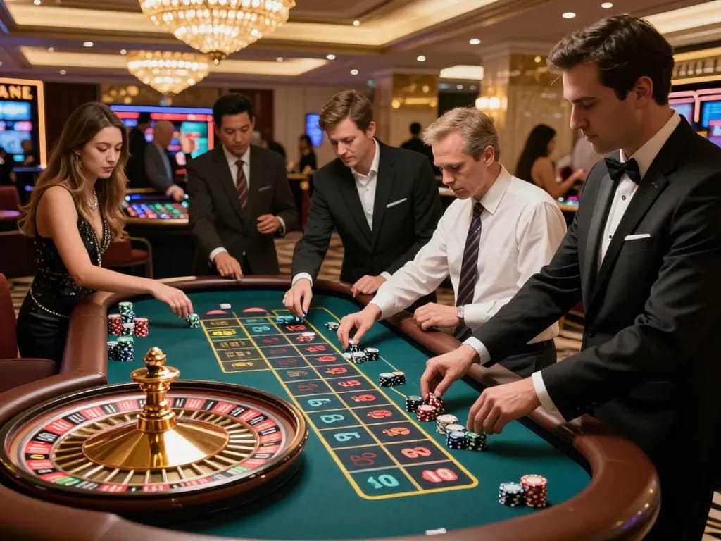 Crown88 players engage in an intense roulette game, showcasing excitement and strategy in a vibrant casino atmosphere.