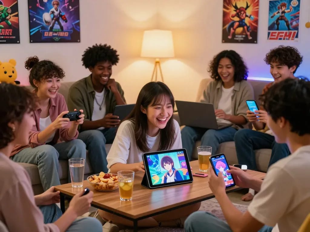 Players enjoying a porn game in a cozy living room, with multiple devices and snacks around.