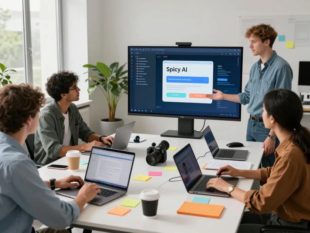 Collaborative team exploring spicy AI chatbot technology in a modern workspace, emphasizing innovation and engagement.