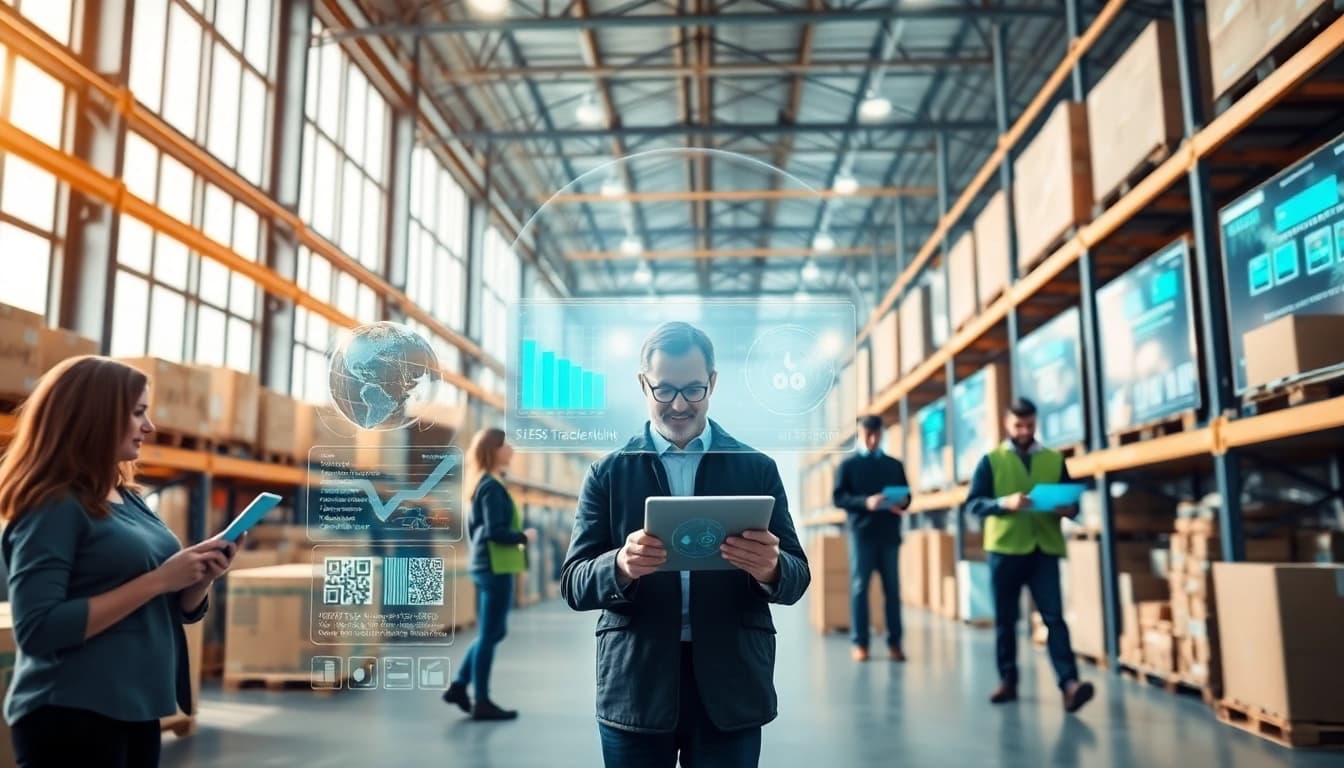 Digital traceability system showcased in a modern warehouse with staff tracking products in real time.