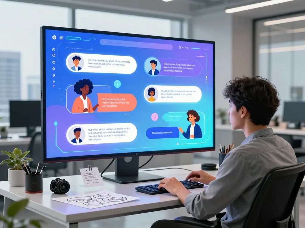 Engaging with crush on ai in a modern tech workspace, featuring diverse AI characters and vibrant digital elements.