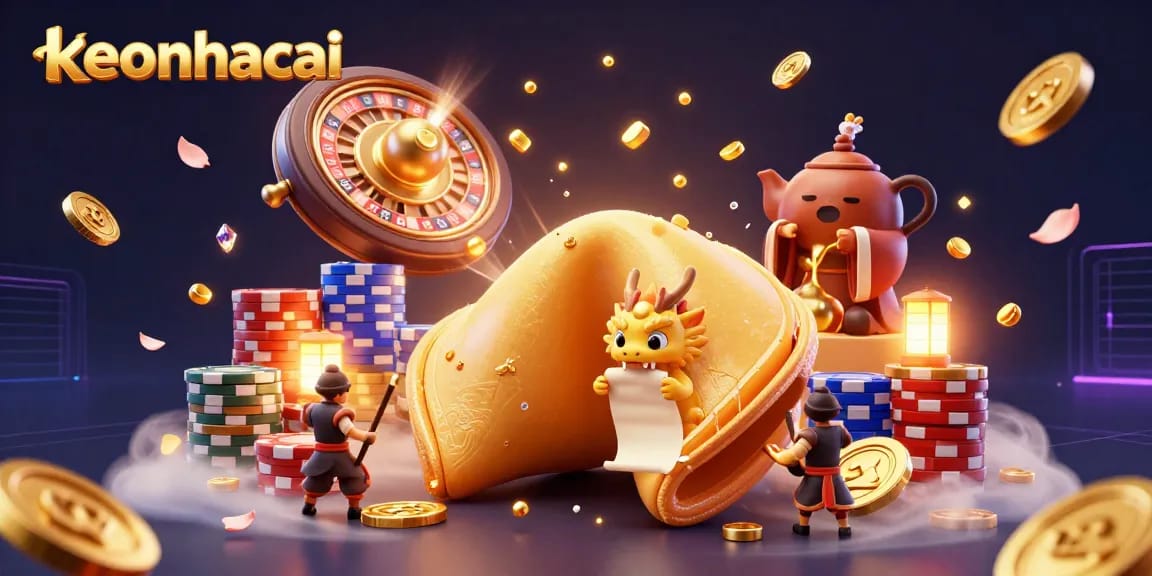 Engage with keonhacai's vibrant 3D casino scene, showcasing a golden fortune cookie and dynamic gaming elements.
