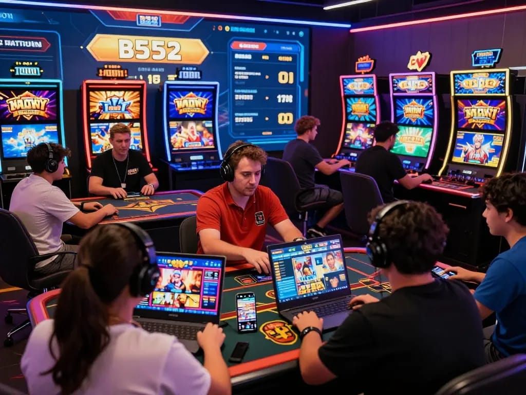 Engaging B52 online gaming scene showing players immersed in diverse games and vibrant atmosphere.