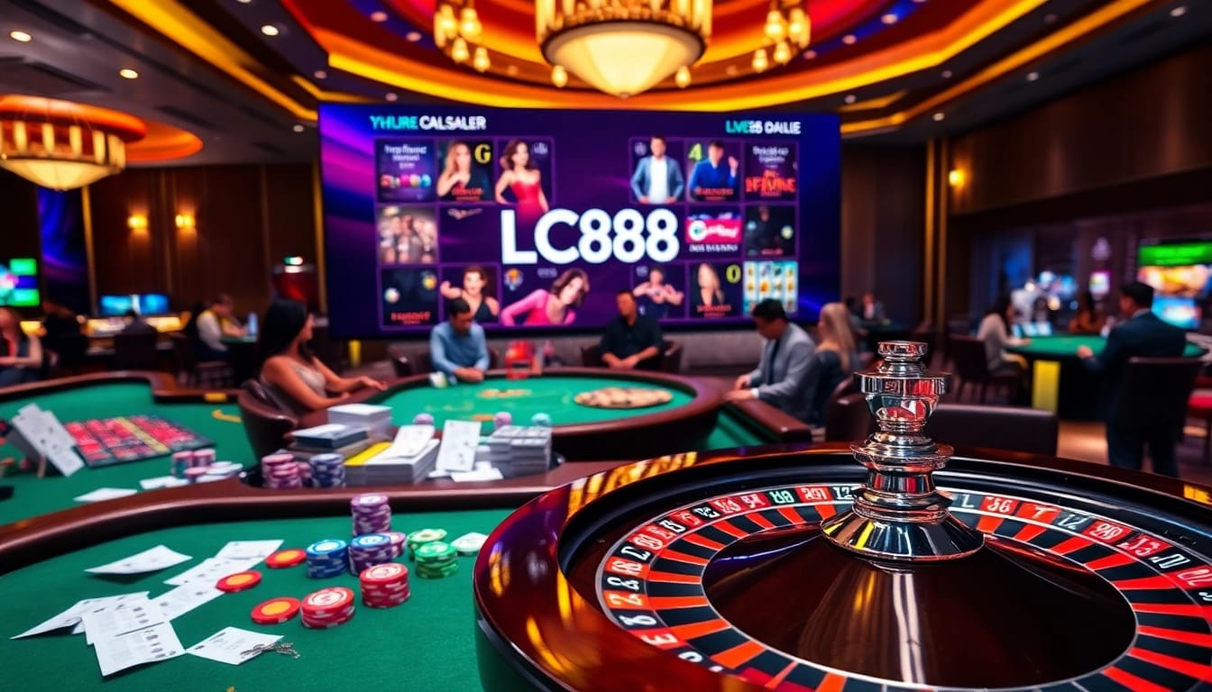 Experience high-stakes gaming at LC88, featuring roulette and poker action in a vibrant casino.