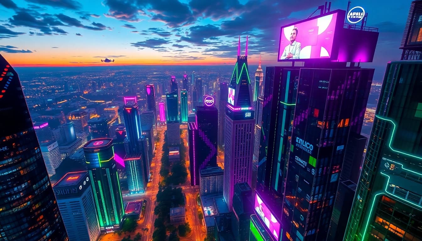 The vibrant cityscape illuminated at dusk reflects the innovative spirit of https://rr9935.com/, showcasing futuristic architecture and flying vehicles.