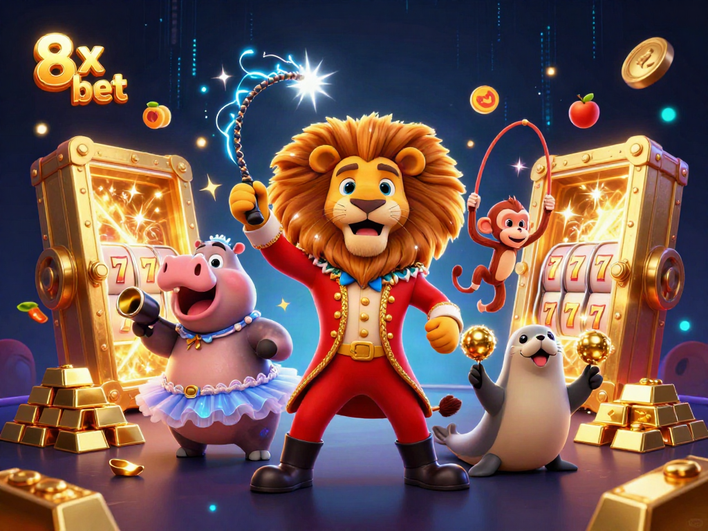Engage with the lively 8x bet scene featuring whimsical casino characters surrounded by gold and slot elements.
