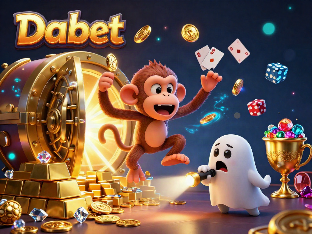 Dabet casino illustration featuring a playful monkey juggling golden gaming items amidst a vibrant backdrop.