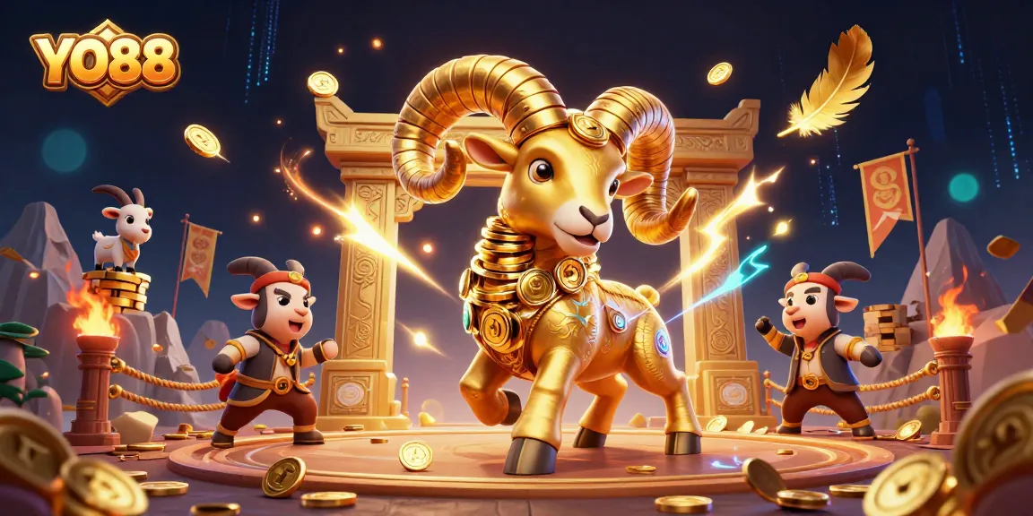 Engage with YO88's dynamic 3D scene of a golden ram charging at a casino gate amidst vibrant gaming elements.