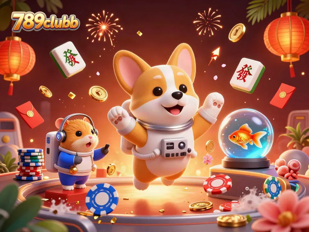 Join the fun at 789clubb, featuring an astronaut corgi in a vibrant casino atmosphere.