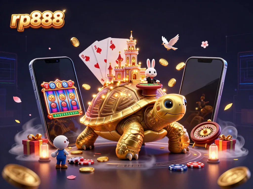 Experience exciting gameplay with rp888, featuring a golden tortoise casino and lively dealer scene.
