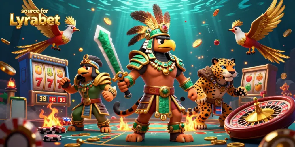 Engage with the thrill of slots and games at source for Lyrabet illustrated by Aztec warriors amidst gold coins.